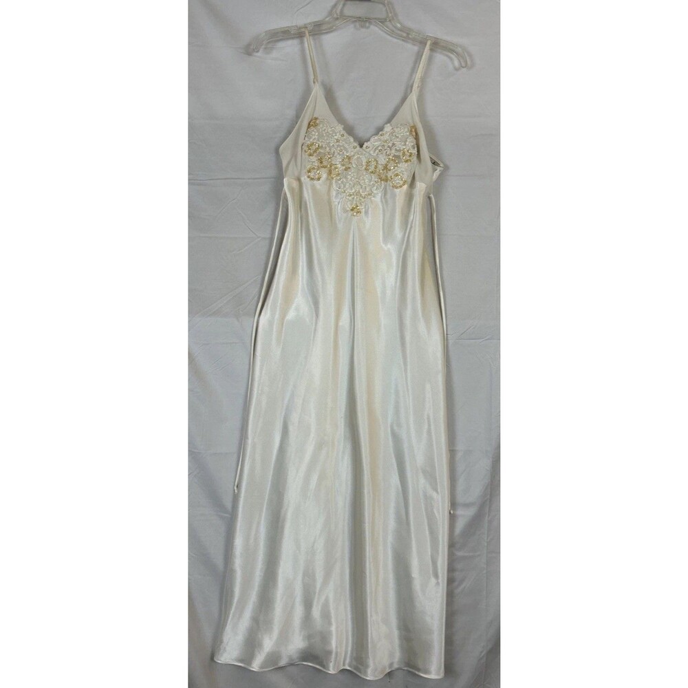Linea Donatella Ivory White Lace Beaded Satin Chemise Slip Nightie Dress Sz M